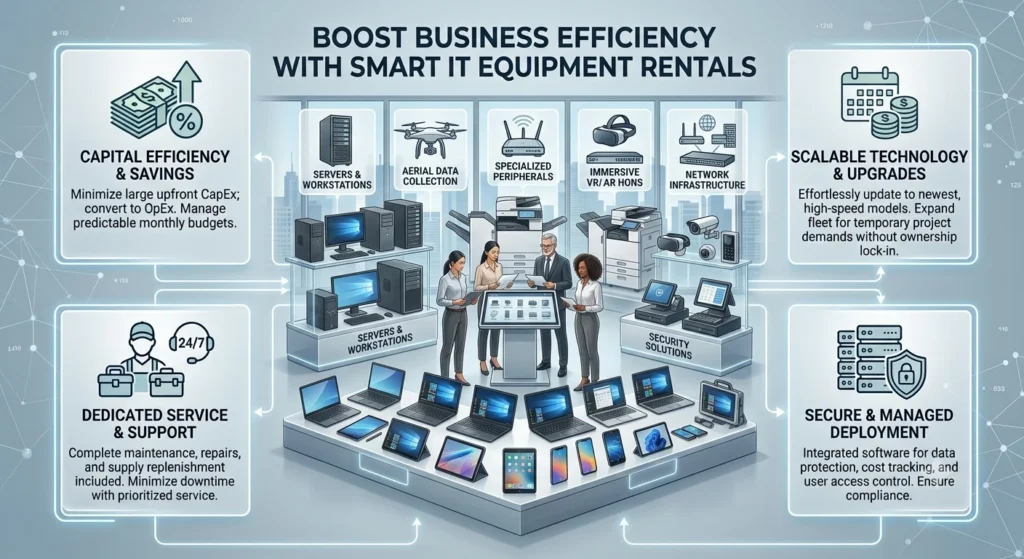 A B2B marketing infographic titled "BOOST BUSINESS EFFICIENCY WITH SMART IT EQUIPMENT RENTALS" featuring a showcase of diverse enterprise technology categories surrounding a central team of business professionals.