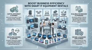 A B2B marketing infographic titled "BOOST BUSINESS EFFICIENCY WITH SMART IT EQUIPMENT RENTALS" featuring a showcase of diverse enterprise technology categories surrounding a central team of business professionals.