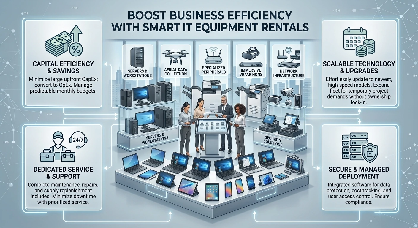 A B2B marketing infographic titled "BOOST BUSINESS EFFICIENCY WITH SMART IT EQUIPMENT RENTALS" featuring a showcase of diverse enterprise technology categories surrounding a central team of business professionals.
