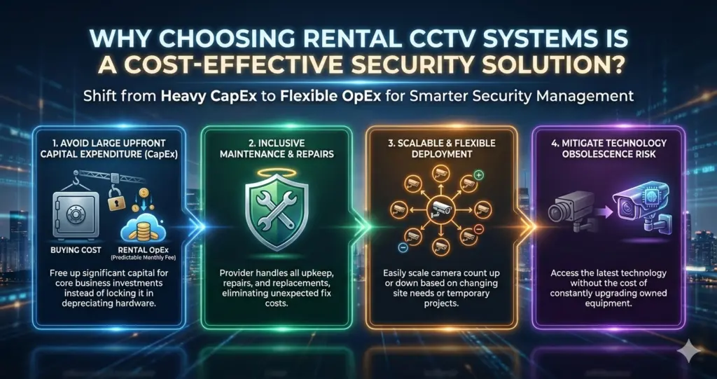 "WHY CHOOSING RENTAL CCTV SYSTEMS IS A COST-EFFECTIVE SECURITY SOLUTION?" with the subtitle "Shift from Heavy CapEx to Flexible OpEx for Smarter Security Management".