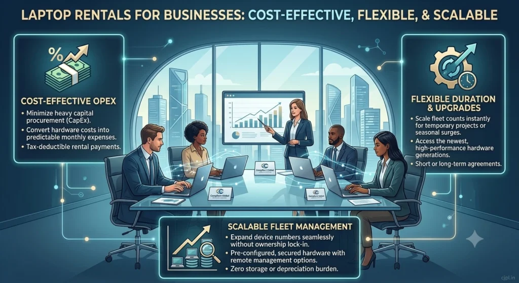 "LAPTOP RENTALS FOR BUSINESSES: COST-EFFECTIVE, FLEXIBLE, & SCALABLE". The graphic features a central scene of diverse corporate professionals in business attire collaborating around a glass boardroom table with modern, high-performance laptops. In the background, large floor-to-ceiling office windows reveal a modern city skyline and a presenter pointing to a growth chart.