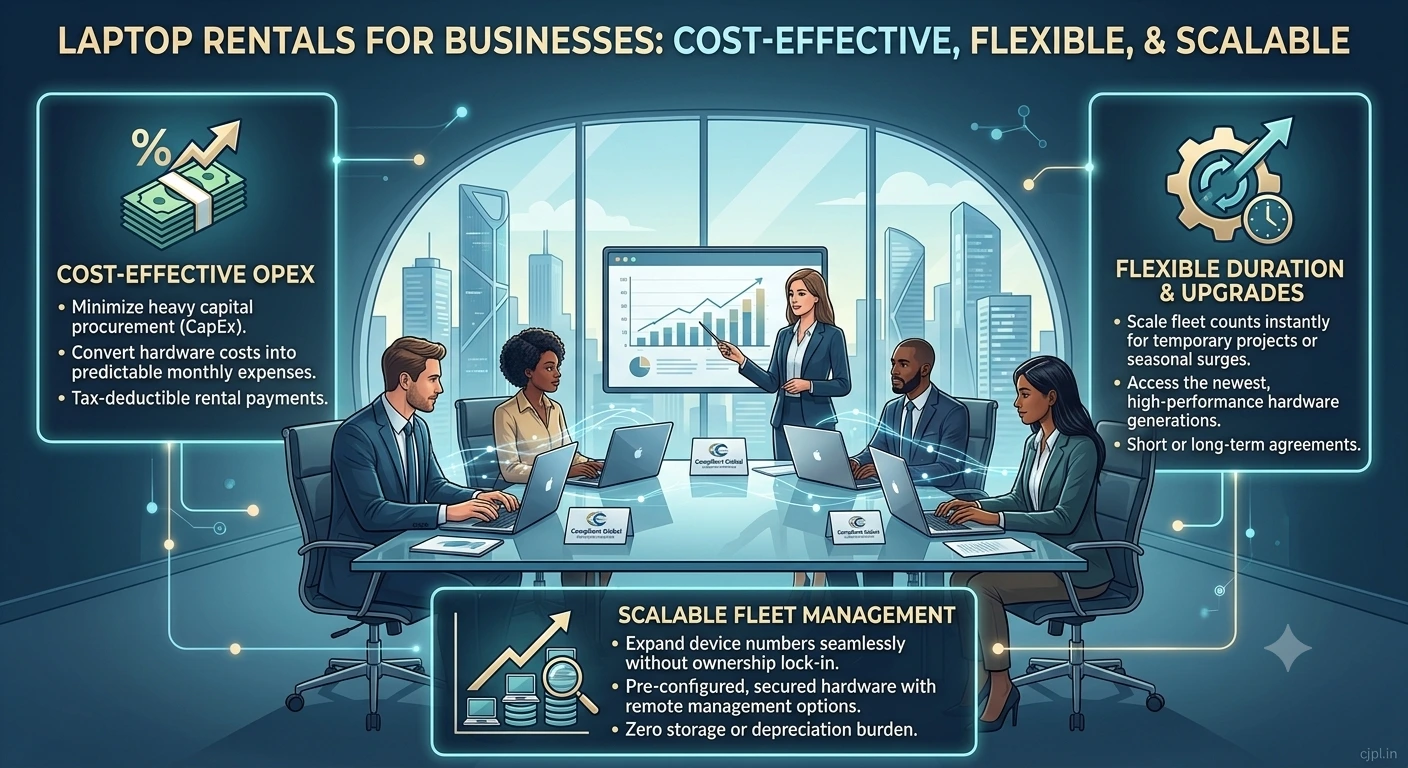 "LAPTOP RENTALS FOR BUSINESSES: COST-EFFECTIVE, FLEXIBLE, & SCALABLE". The graphic features a central scene of diverse corporate professionals in business attire collaborating around a glass boardroom table with modern, high-performance laptops. In the background, large floor-to-ceiling office windows reveal a modern city skyline and a presenter pointing to a growth chart.