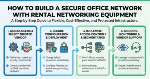 "HOW TO BUILD A SECURE OFFICE NETWORK WITH RENTAL NETWORKING EQUIPMENT" with the subtitle "A Step-by-Step Guide to Flexible, Cost-Effective, and Protected Infrastructure".