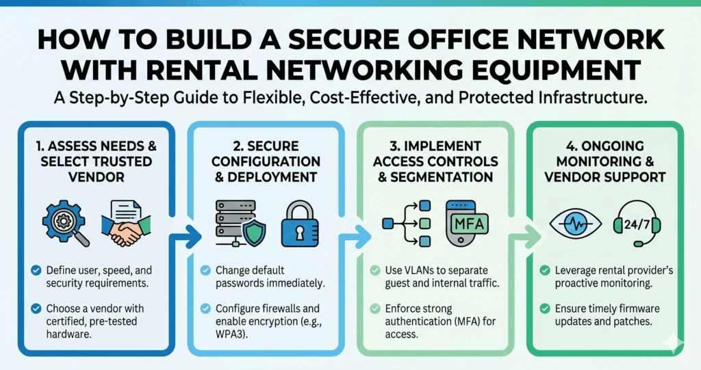 "HOW TO BUILD A SECURE OFFICE NETWORK WITH RENTAL NETWORKING EQUIPMENT" with the subtitle "A Step-by-Step Guide to Flexible, Cost-Effective, and Protected Infrastructure".