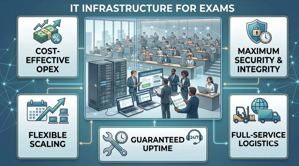 B2B infographic illustrating the key advantages of renting IT infrastructure for conducting exams