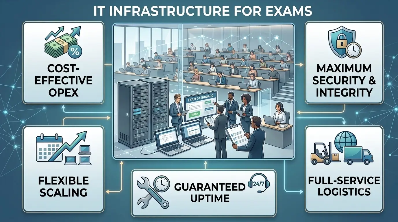 B2B infographic illustrating the key advantages of renting IT infrastructure for conducting exams