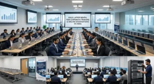 A six-panel composite image showcasing a comprehensive corporate IT solution for large-scale laptop rentals and managed IT support.