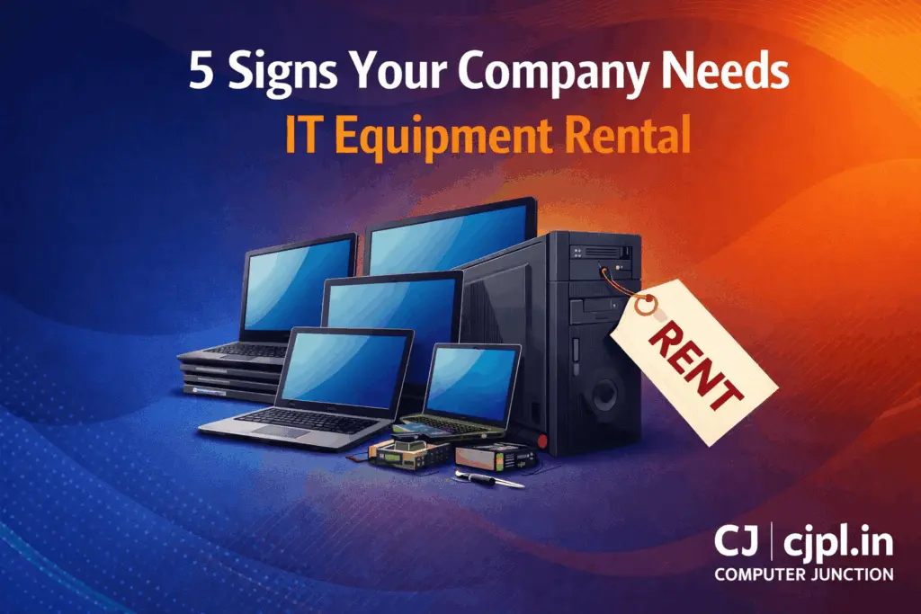 A dynamic corporate banner titled "5 Signs Your Company Needs IT Equipment Rental" set against a blue and orange gradient background. The visual displays an array of IT hardware including stacked laptops, desktop monitors, and a workstation tower with a prominent "RENT" price tag attached.