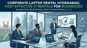 "CORPORATE LAPTOP RENTAL HYDERABAD: COST-EFFECTIVE IT RENTALS FOR BUSINESSES" featuring the Charminar and skyline through large office windows. A business executive presents financial ROI and scaling metrics on a screen to a team using Dell and HP laptops showing savings charts.