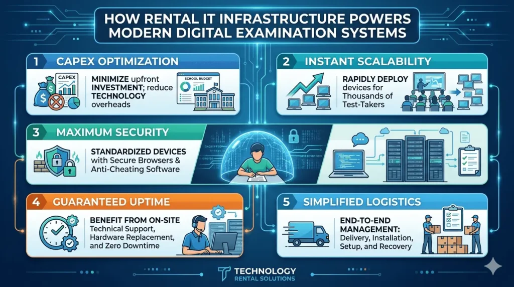infographic titled "HOW RENTAL IT INFRASTRUCTURE POWERS MODERN DIGITAL EXAMINATION SYSTEMS". The layout uses blue and orange cards to highlight: 1. CapEx Optimization (minimizing upfront investment), 2. Instant Scalability (deploying hardware for thousands of test-takers), 3. Maximum Security (standardized devices with lockdown browsers), 4. Guaranteed Uptime (on-site technical support and instant replacements), and 5. Simplified Logistics (end-to-end delivery, setup, and recovery).