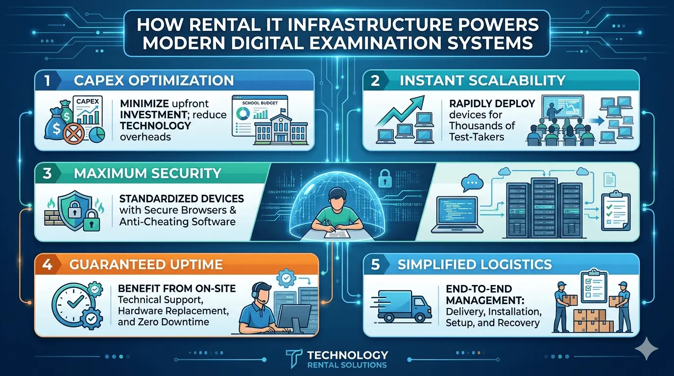 infographic titled "HOW RENTAL IT INFRASTRUCTURE POWERS MODERN DIGITAL EXAMINATION SYSTEMS". The layout uses blue and orange cards to highlight: 1. CapEx Optimization (minimizing upfront investment), 2. Instant Scalability (deploying hardware for thousands of test-takers), 3. Maximum Security (standardized devices with lockdown browsers), 4. Guaranteed Uptime (on-site technical support and instant replacements), and 5. Simplified Logistics (end-to-end delivery, setup, and recovery).