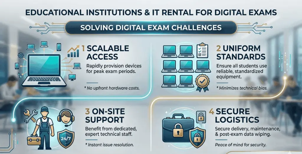 graphic titled "EDUCATIONAL INSTITUTIONS & IT RENTAL FOR DIGITAL EXAMS: SOLVING DIGITAL EXAM CHALLENGES". The infographic highlights four key solutions: 1. Scalable Access for peak periods, 2. Uniform Standards using standardized hardware, 3. On-Site Support with 24/7 technical staff, and 4. Secure Logistics including post-exam data wiping.