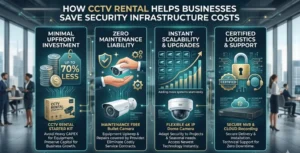 B2B visual guide titled "HOW CCTV RENTAL HELPS BUSINESSES SAVE SECURITY INFRASTRUCTURE COSTS" set against a modern office background. The four structured pillars include: 1. Minimal Upfront Investment (CCTV Rental Starter Kit card showing up to 70% savings), 2. Zero Maintenance Liability (Maintenance-Free Bullet Camera card with shield icon), 3. Instant Scalability & Upgrades (Flexible 4K IP Dome Camera card with growth charts), and 4. Certified Logistics & Support (Secure NVR & Cloud Recording card with certified lock and support headset icons).
