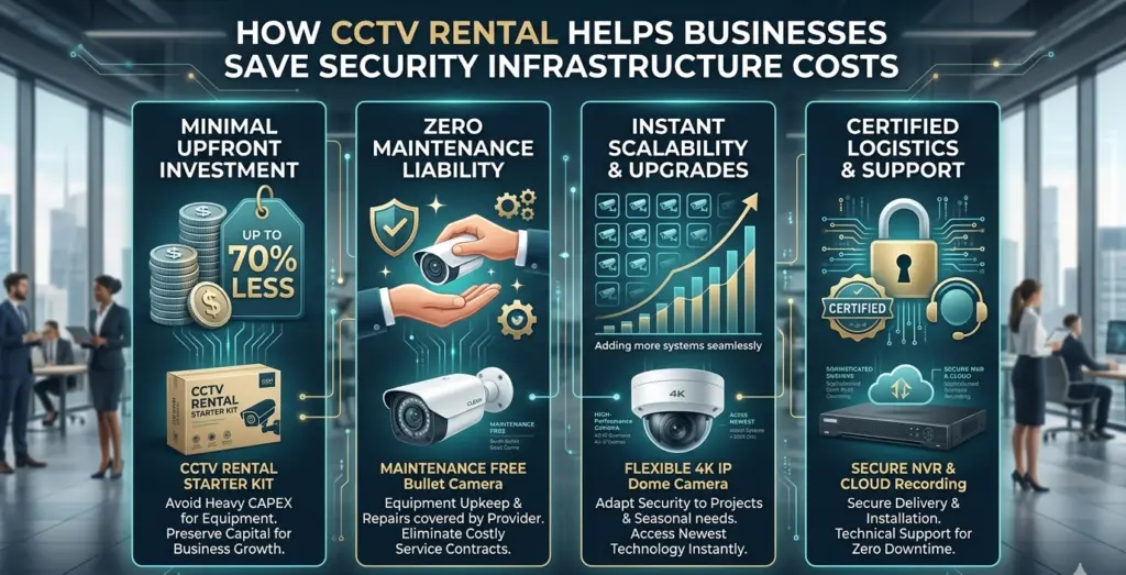 B2B visual guide titled "HOW CCTV RENTAL HELPS BUSINESSES SAVE SECURITY INFRASTRUCTURE COSTS" set against a modern office background. The four structured pillars include: 1. Minimal Upfront Investment (CCTV Rental Starter Kit card showing up to 70% savings), 2. Zero Maintenance Liability (Maintenance-Free Bullet Camera card with shield icon), 3. Instant Scalability & Upgrades (Flexible 4K IP Dome Camera card with growth charts), and 4. Certified Logistics & Support (Secure NVR & Cloud Recording card with certified lock and support headset icons).