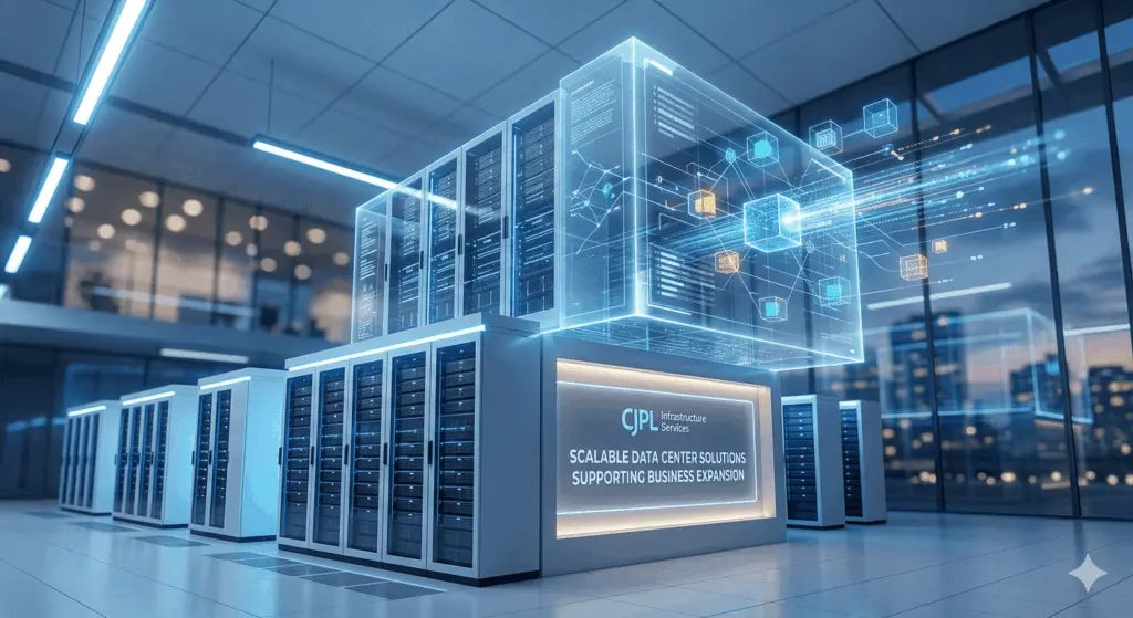 A futuristic enterprise data center visual titled "SCALABLE DATA CENTER SOLUTIONS SUPPORTING BUSINESS EXPANSION" with CJPL Infrastructure Services branding. The graphic shows illuminated server racks lined up in a modern server room, overlayed with a glowing, semi-transparent 3D digital cube and connected data nodes representing cloud integration, high-speed processing, and enterprise scalability.