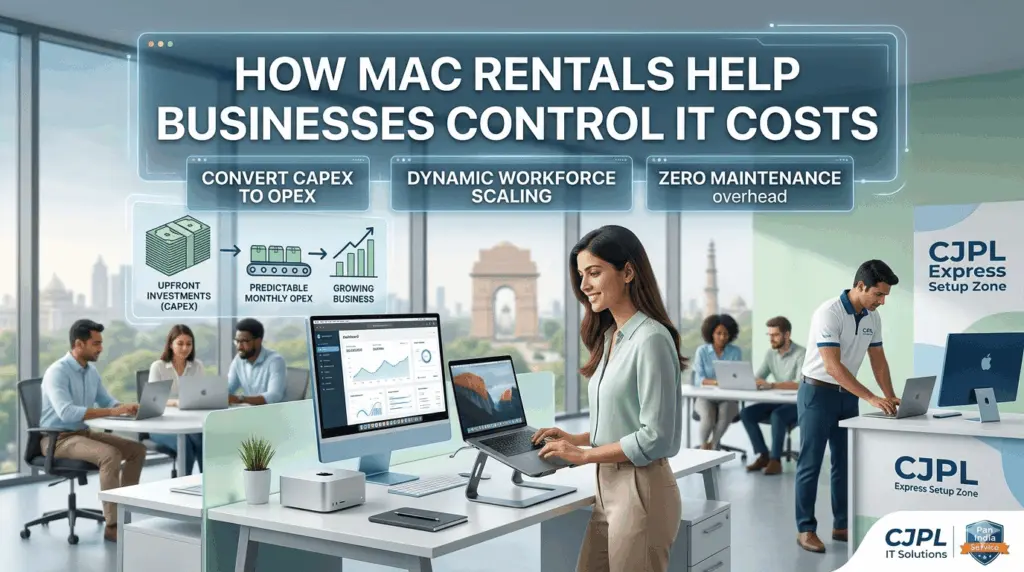 A vibrant, modern office scene graphic titled "HOW MAC RENTALS HELP BUSINESSES CONTROL IT COSTS". The visual highlights three core pillars: "CONVERT CAPEX TO OPEX", "DYNAMIC WORKFORCE SCALING", and "ZERO MAINTENANCE OVERHEAD". In the background, diverse corporate teams work on MacBooks, iMacs, and Mac Studios. On the right, a technician operates near a branded "CJPL Express Setup Zone" kiosk featuring the CJPL IT Solutions logo and a "Pan India Service" badge.
