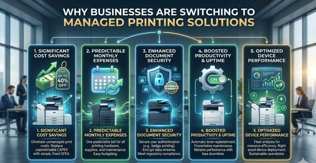 infographic titled "WHY BUSINESSES ARE SWITCHING TO MANAGED PRINTING SOLUTIONS" set against a modern office background.