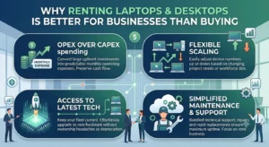 A clean corporate thumbnail banner titled "Why Renting LAPTOPS & DESKTOPS Is Better For Businesses Than Buying". The visual features a sleek workplace hardware lineup on a white desk, including a modern laptop, a desktop monitor with a keyboard and mouse, and a PC tower case. A blue banner at the bottom reads: "Renting gives you the right technology, flexibility and support – so you can focus on what matters: growing your business."