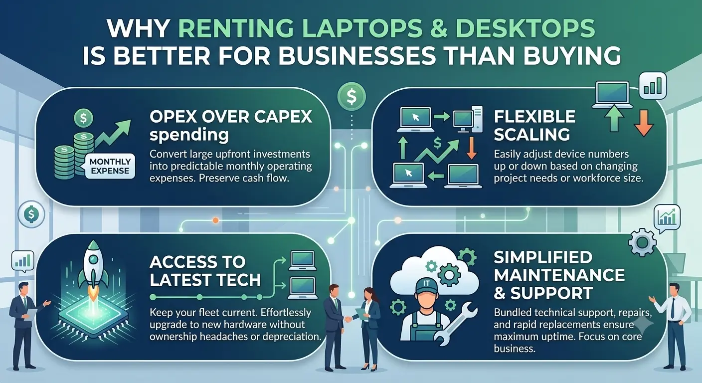 A clean corporate thumbnail banner titled "Why Renting LAPTOPS & DESKTOPS Is Better For Businesses Than Buying". The visual features a sleek workplace hardware lineup on a white desk, including a modern laptop, a desktop monitor with a keyboard and mouse, and a PC tower case. A blue banner at the bottom reads: "Renting gives you the right technology, flexibility and support – so you can focus on what matters: growing your business."