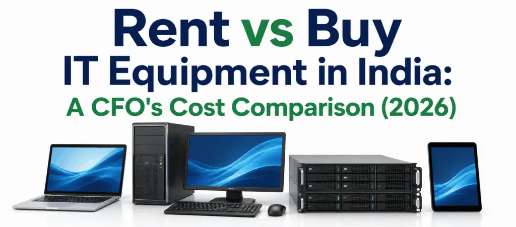 A clean corporate banner titled "Rent vs Buy IT Equipment in India: A CFO's Cost Comparison (2026)" in dark navy and green typography. Below the text is an enterprise IT hardware lineup arranged on a white reflective background, including a laptop, desktop tower, monitor, keyboard, stackable rack servers, and a tablet.
