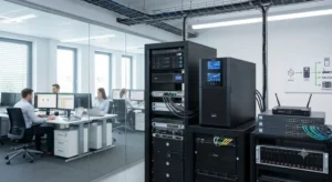 A modern corporate office environment featuring an glass-enclosed IT server room in the foreground. The server setup includes network racks, patch panels, stacked network switches, a high-capacity online UPS system, and data storage hardware with organized cabling. In the background, office employees work at workstations with dual-monitor setups, illustrating a fully operational enterprise IT infrastructure.