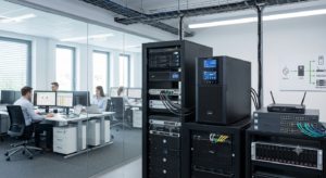 A photograph of a modern office and server room with rack-mounted servers, network switches, and power supplies. Employees work at desks in the background, while the foreground focuses on the IT infrastructure with exposed cables and network equipment.