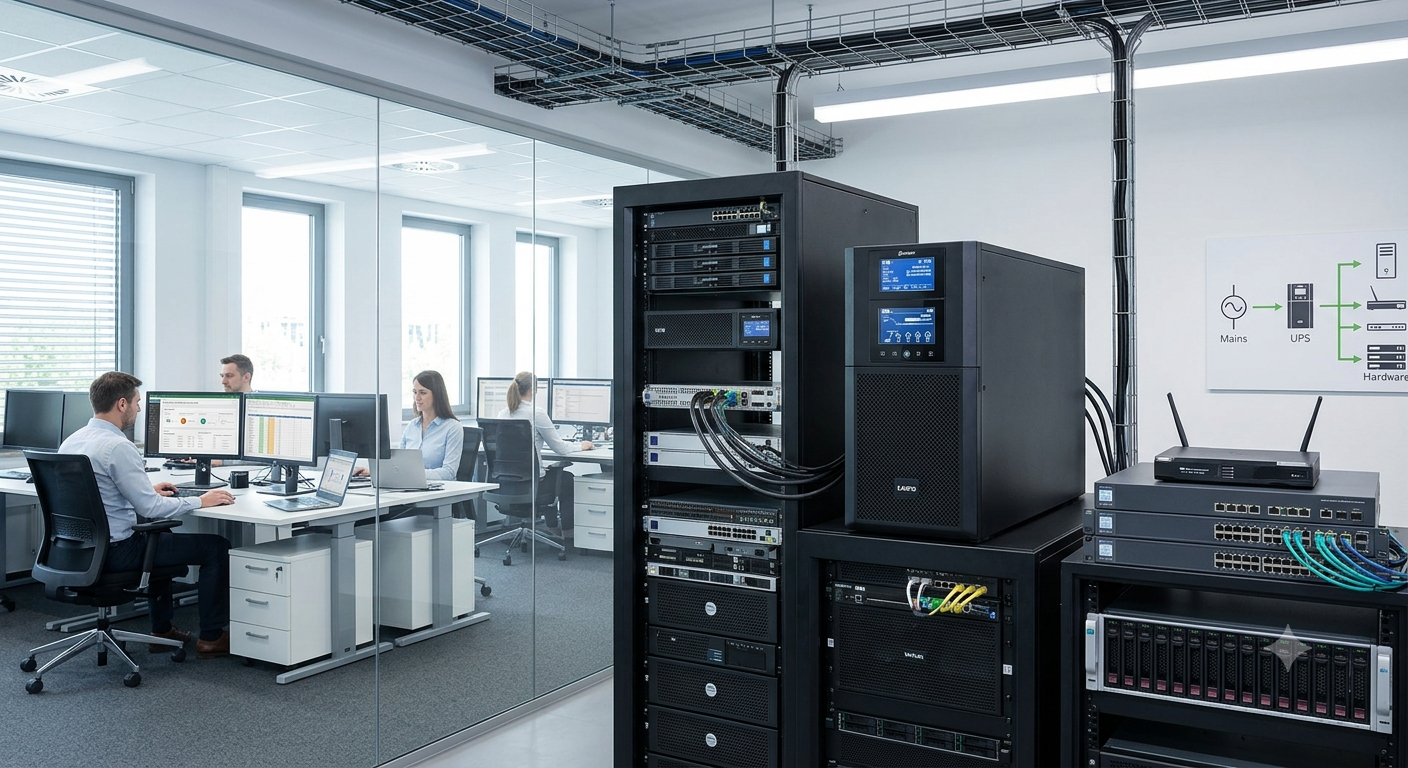 A photograph of a modern office and server room with rack-mounted servers, network switches, and power supplies. Employees work at desks in the background, while the foreground focuses on the IT infrastructure with exposed cables and network equipment.