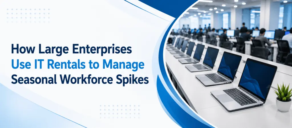 Alt Text: A corporate banner titled "How Large Enterprises Use IT Rentals to Manage Seasonal Workforce Spikes" with clean blue and white geometry. The right side features a curved photo cutout showing long rows of modern business laptops set up on desks in a large enterprise office setting, highlighting bulk IT deployment for temporary staff.