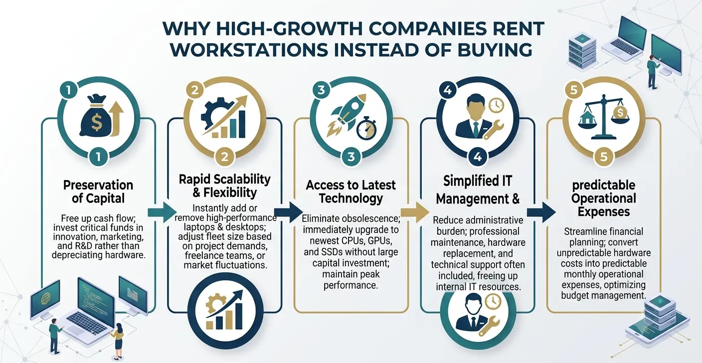 WHY HIGH-GROWTH COMPANIES RENT WORKSTATIONS INSTEAD OF BUYING', detailing a 5-step process flow using icons and text. The steps include: 1. Preservation of Capital (money bag icon), 2. Rapid Scalability & Flexibility (gears and growth charts), 3. Access to Latest Technology (rocket launching), 4. Simplified IT Management & Support (IT professional with clock), and 5. Predictable Operational Expenses (balance scale and currency).