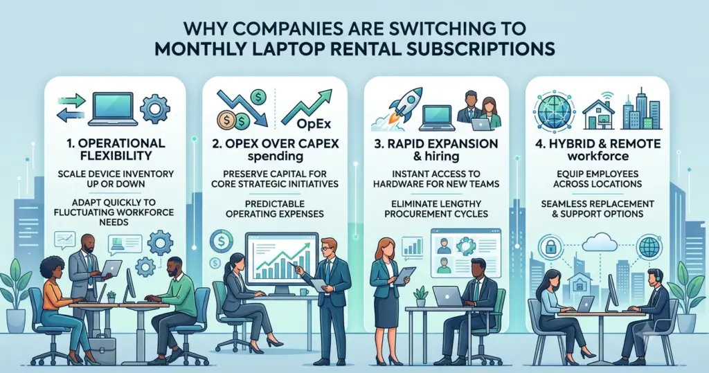 A four-panel corporate infographic titled "WHY COMPANIES ARE SWITCHING TO MONTHLY LAPTOP RENTAL SUBSCRIPTIONS" featuring illustrative workplace scenes and key benefits. Panel 1 shows "Operational Flexibility" for scaling device inventory. Panel 2 highlights "OpEx Over CapEx Spending" to preserve capital for core initiatives. Panel 3 details "Rapid Expansion & Hiring" with instant access to hardware for new teams. Panel 4 covers "Hybrid & Remote Workforce" support with seamless device replacements across locations.
