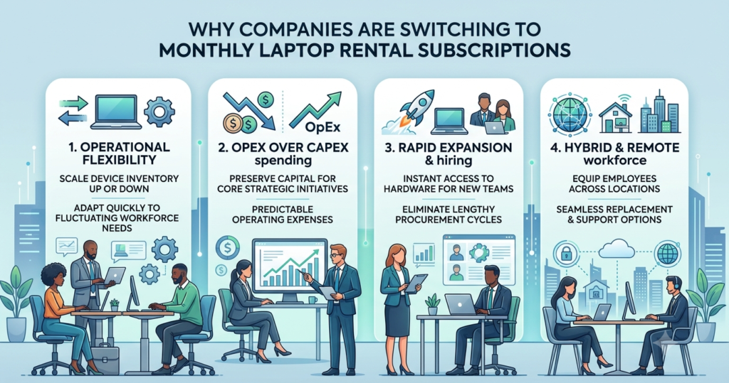 Infographic illustrating why companies switch to monthly laptop rental subscriptions: Operational Flexibility, OpEx over CapEx spending, Rapid Expansion, and Hybrid Workforce support.