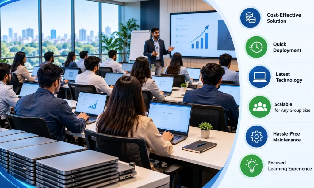 Corporate training session equipped with laptops on rent for scalable employee training programmes.